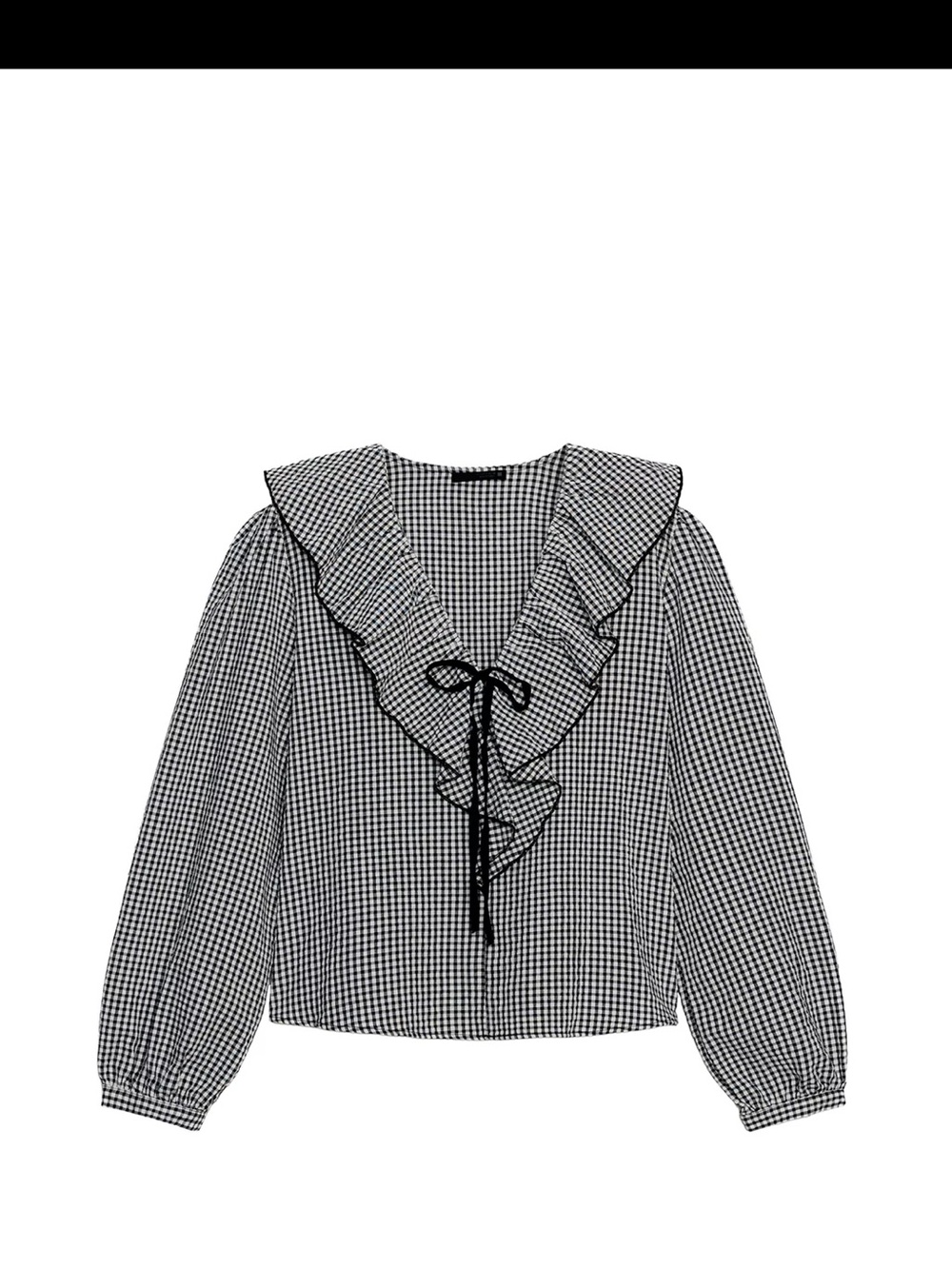 Zara Black and White Gingham Ruffle Tie-Neck Blouse
